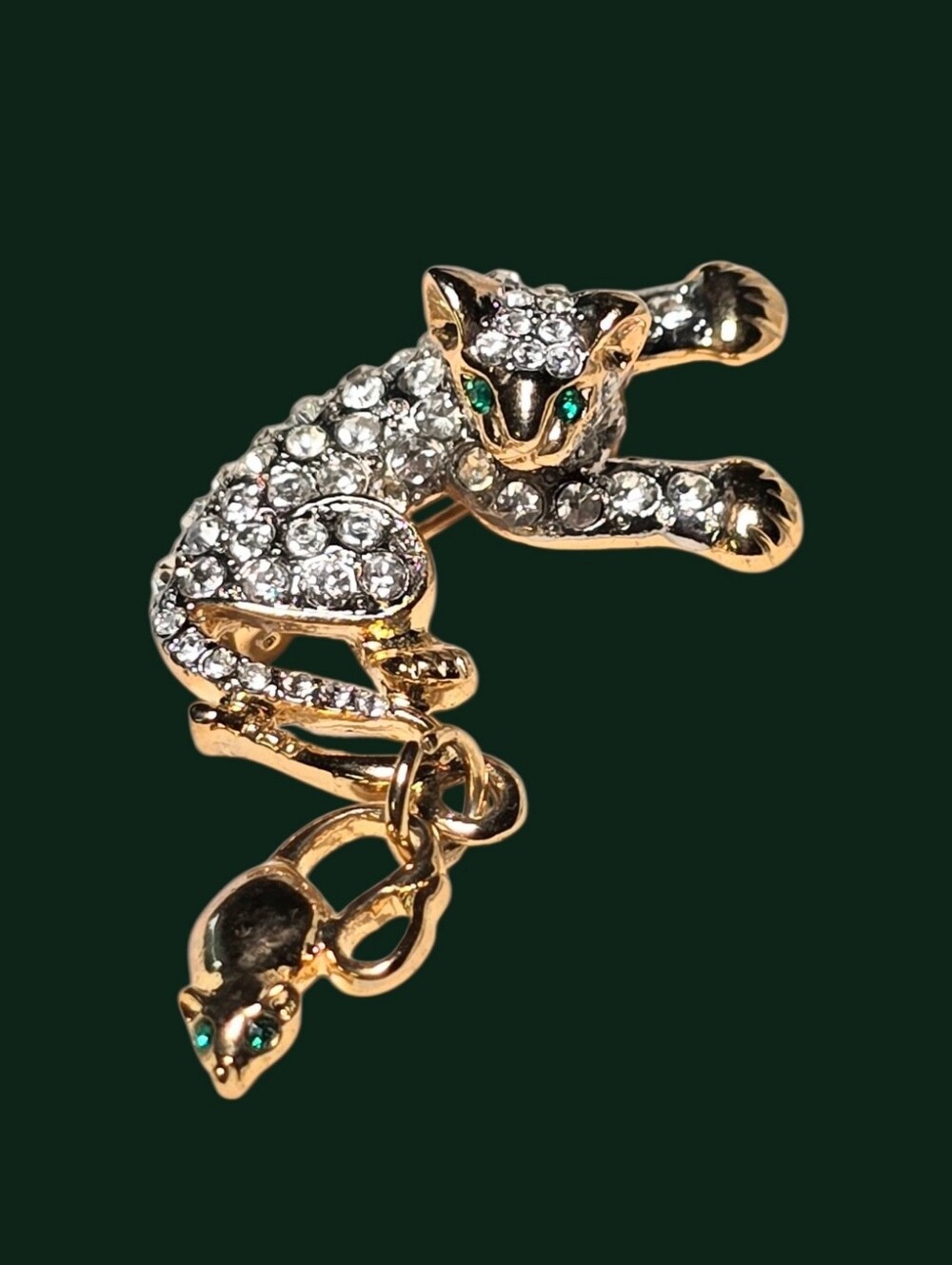 Vintage Gold-Tone Crystal Cat Brooch with Mouse Charm